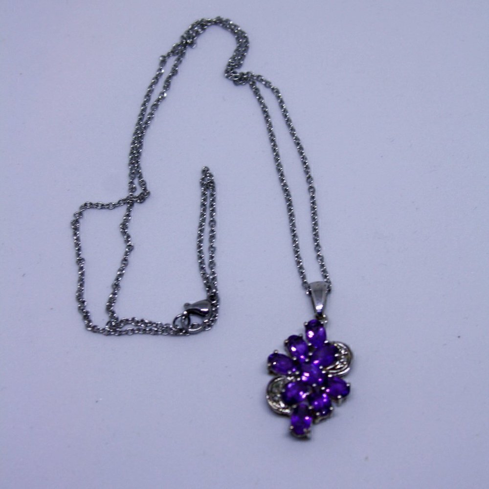 Purple Stone Grapes Pendant Necklace Silver